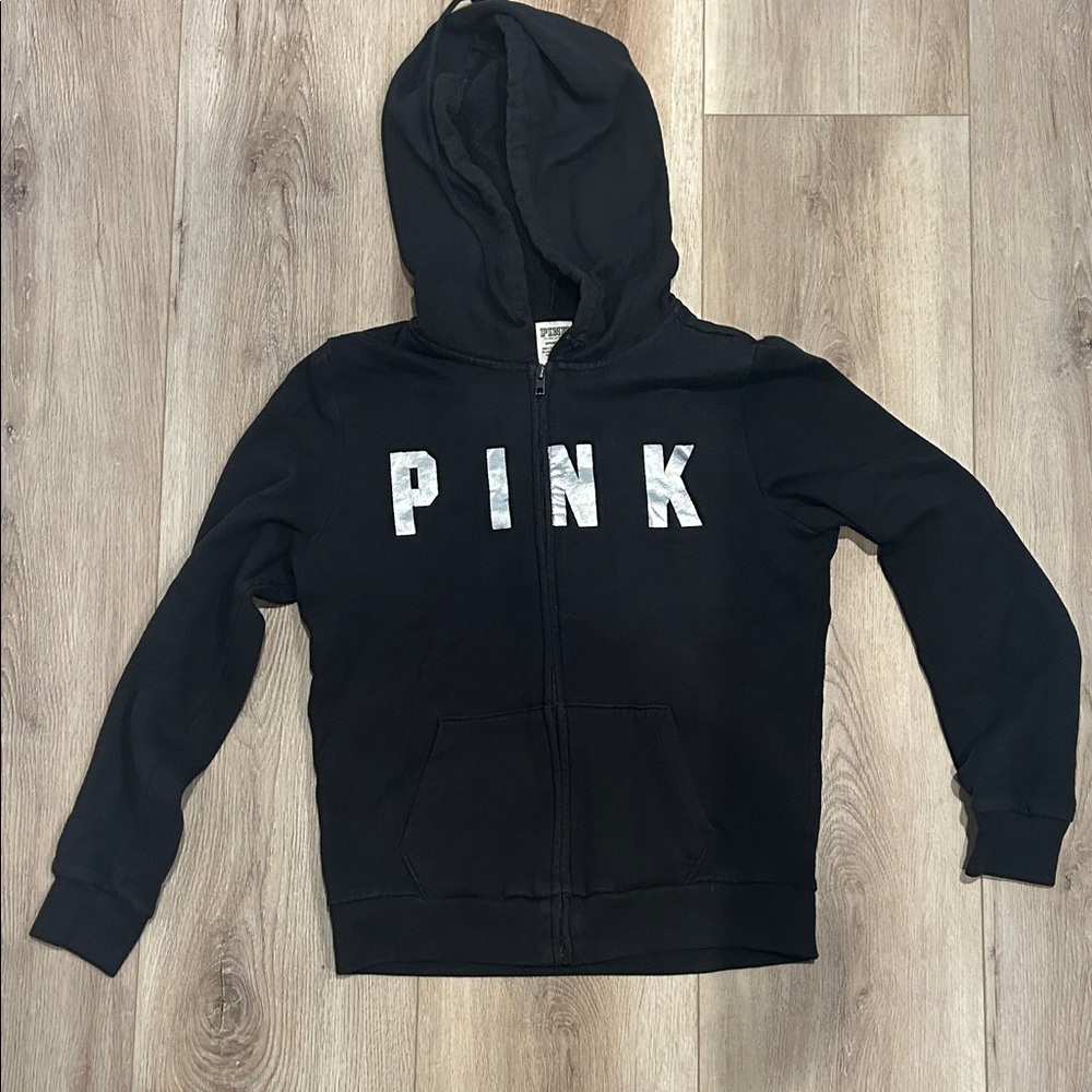 PINK Victoria's Secret Black Zip up jacket  with White Logo